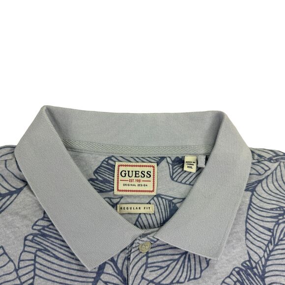 Guess Mens Leaf Print Hemp Blend Short Sleeve Polo Shirt Blue 2XL - Picture 2 of 5